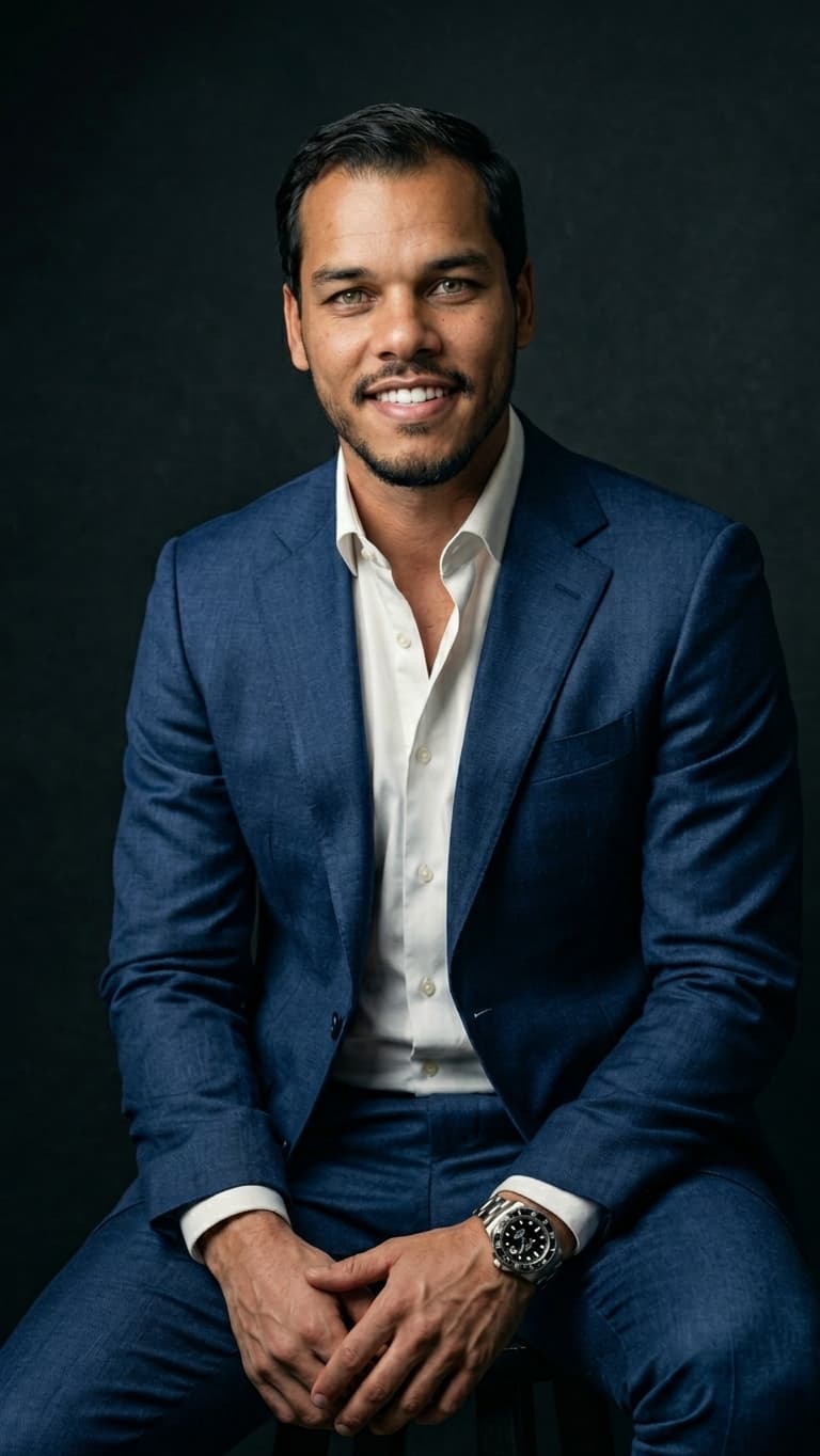 Rodrigo, desenvolvedor da Capital Sites, sorrindo, de terno azul e camisa branca